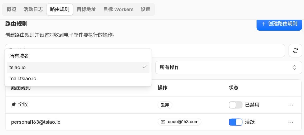 配置规则让 `personal163@tsiao.io` 的邮件转发到 163 配置规则让 personal163@tsiao.io 的邮件转发到 163
